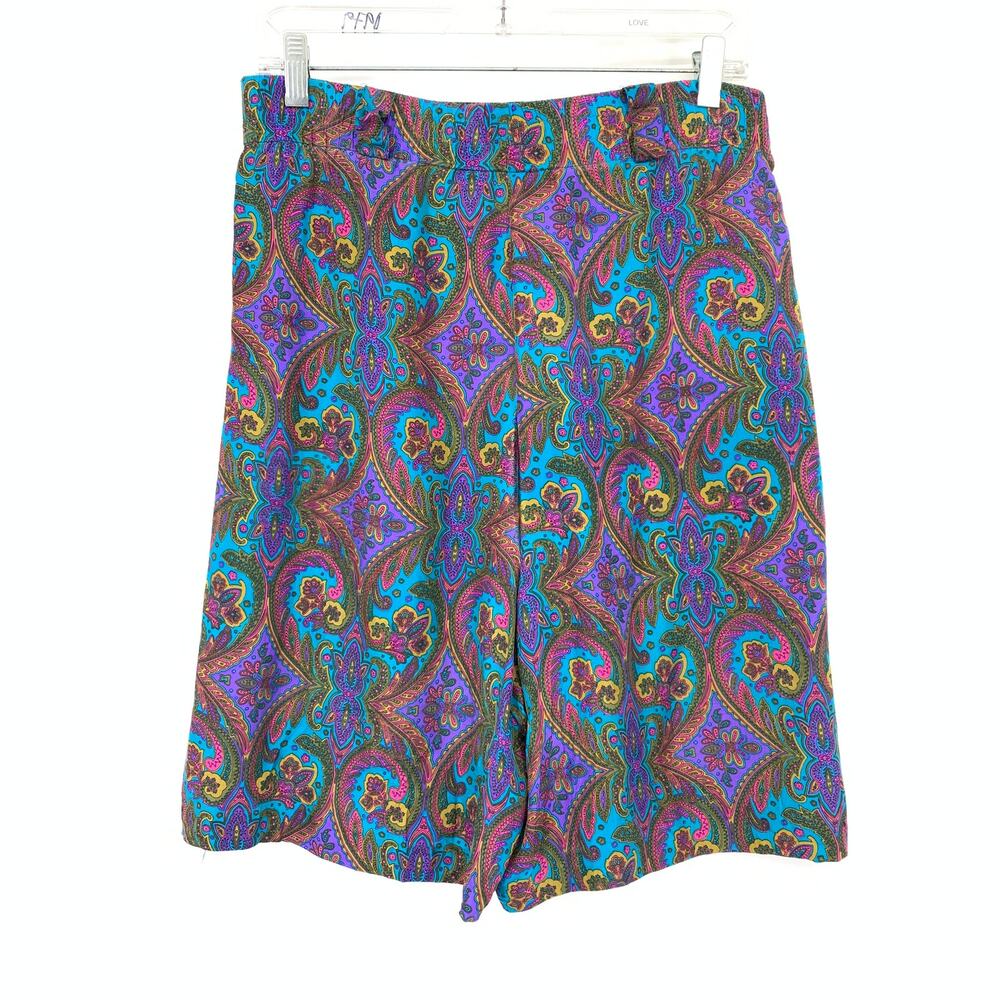 Vintage 90s Bermuda Length Silk Shorts Womens Sz M Multicolor Paisley Print